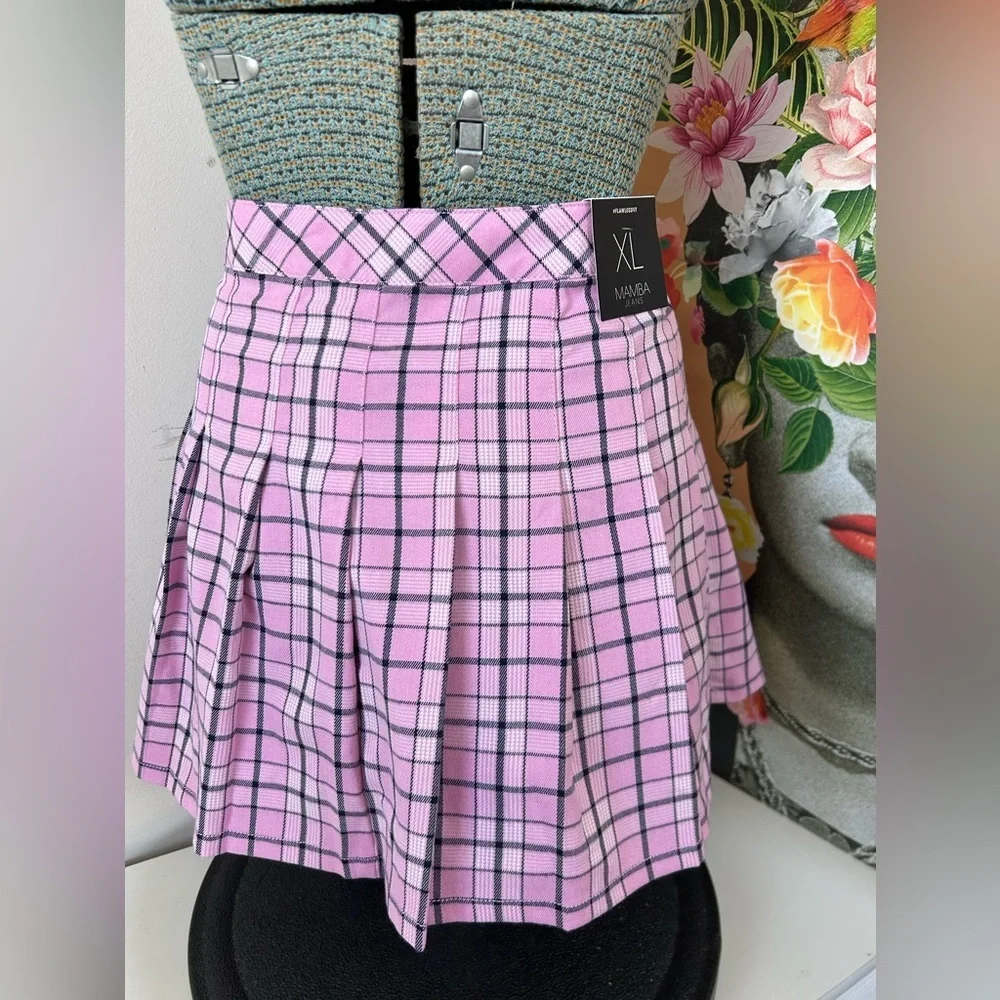 NWT MAMBA JEANS SKATER SKIRT Sz.XL. HIGH WAIST, PLEATED, PINK/BLACK PLAID PRINT